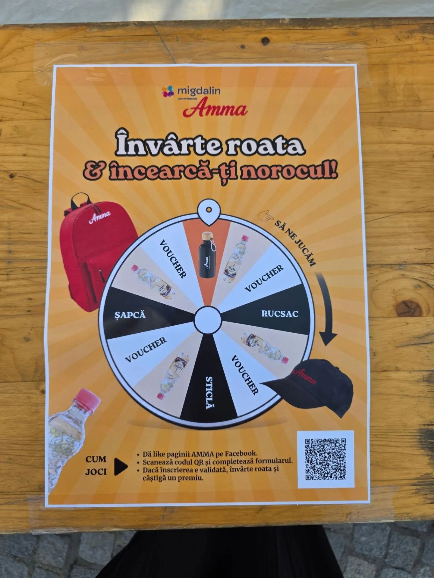Afișul jocului „Învârte roata și încearcă-ți norocul”, cu premiile de pe roată
