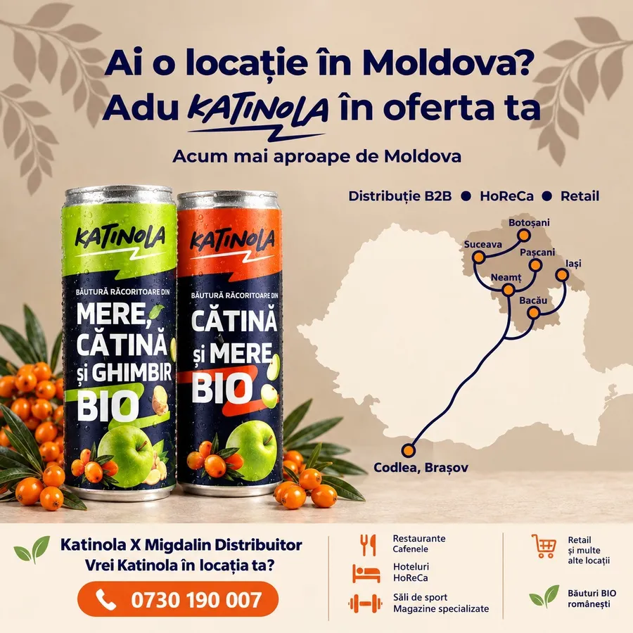Grafică Katinola cu două doze de băutură BIO și harta traseului de distribuție din Codlea spre Moldova