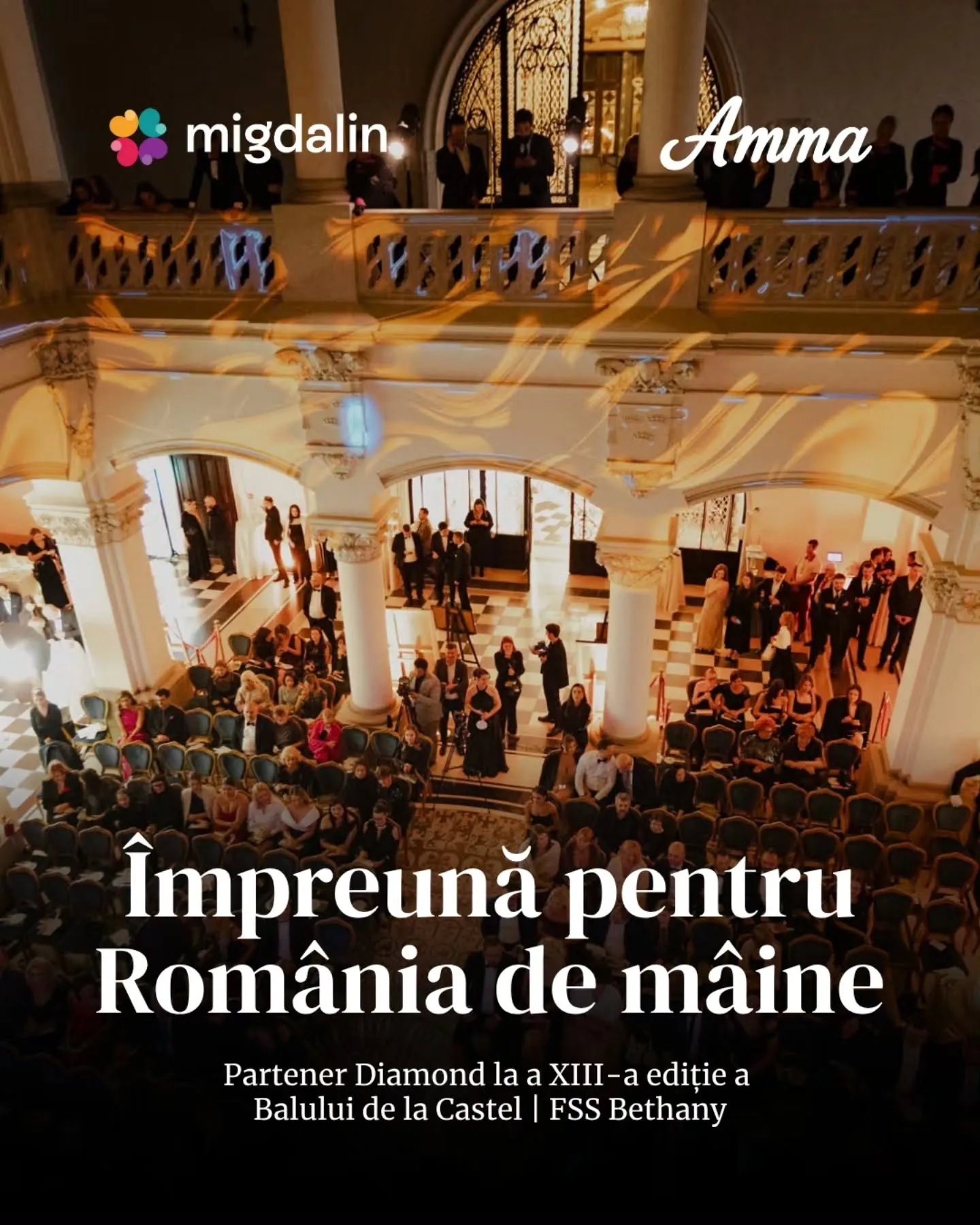 Grafică Migdalin și Amma, „Împreună pentru România de mâine”, partener Diamond la Balul de la Castel, cu sala balului în fundal