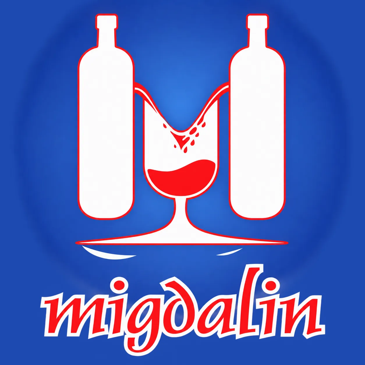 Logo Migdalin: două sticle care formează un M și toarnă vin într-un pahar