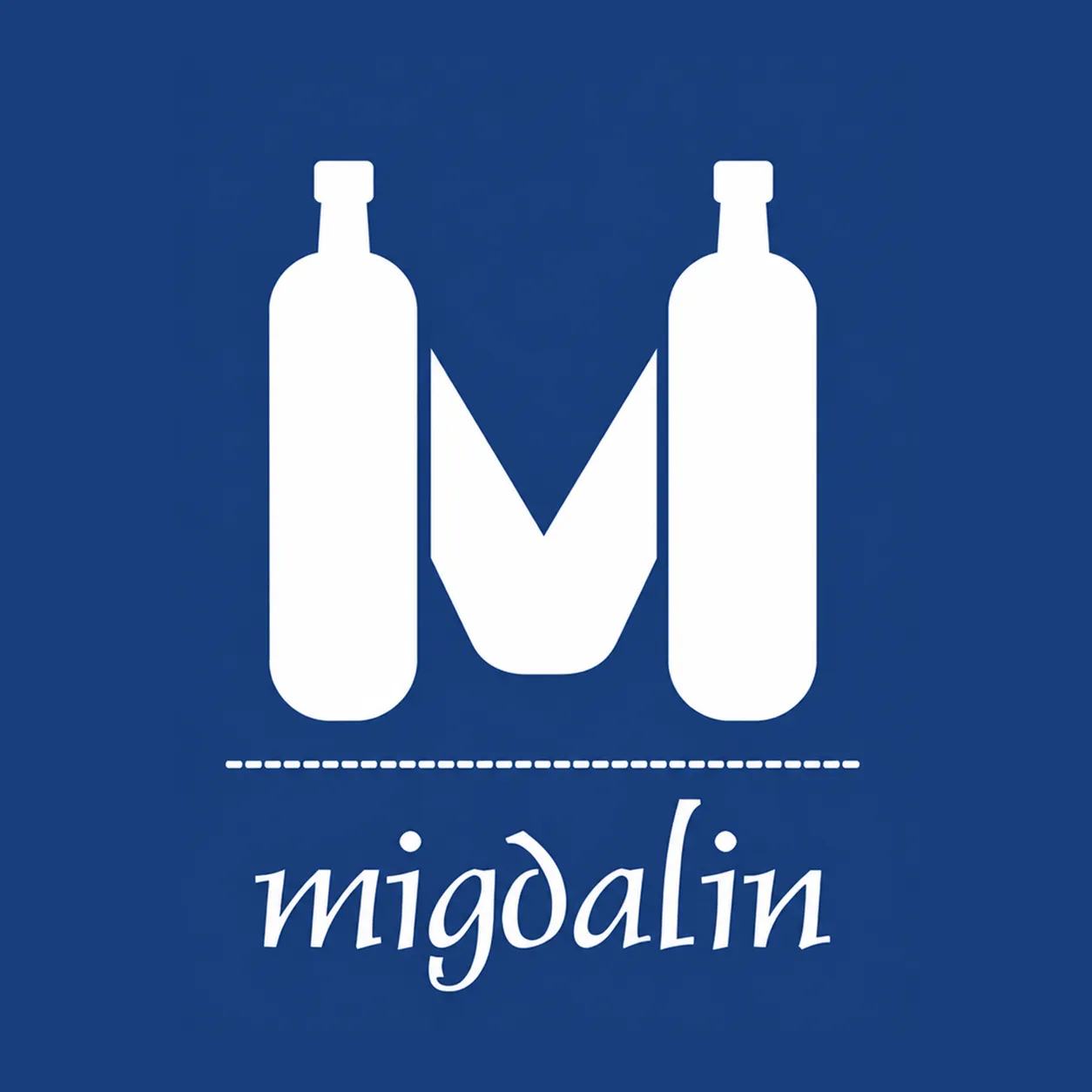 Logo Migdalin: un M din două sticle, alb pe bleumarin, fără pahar