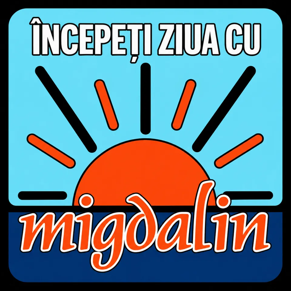 Primul logo Migdalin, din 2002: un soare care răsare, cu „Începeți ziua cu migdalin" scris deasupra și dedesubt